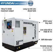 Hyundai DHY12500SE 10kW/12.5kVA 230v Mains Standby Silenced Diesel Generator